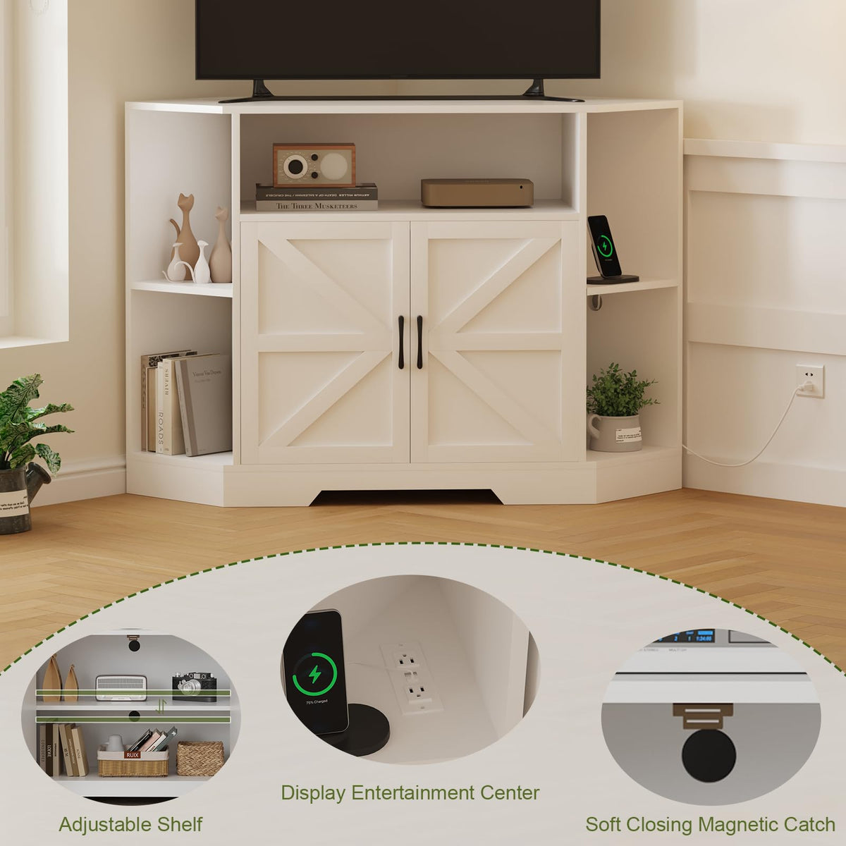 Corner TV Stand with Power Outlet & Barn Doors C998
