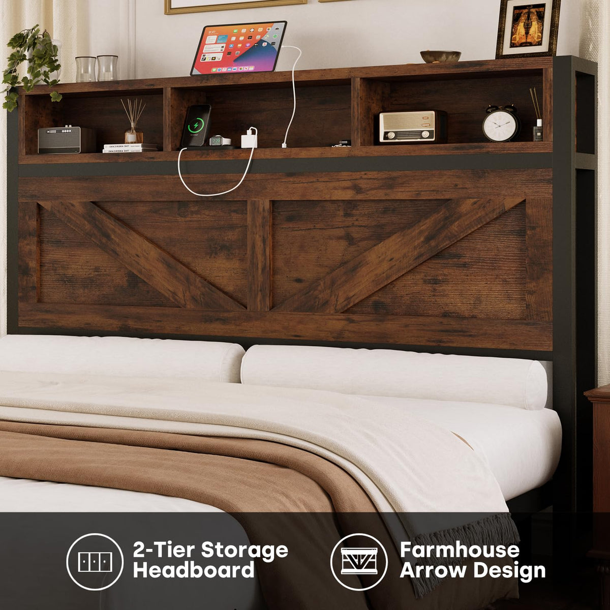 Queen Bed Frame with Bookcase Storage Headboard and 2 Storage Drawers O53786