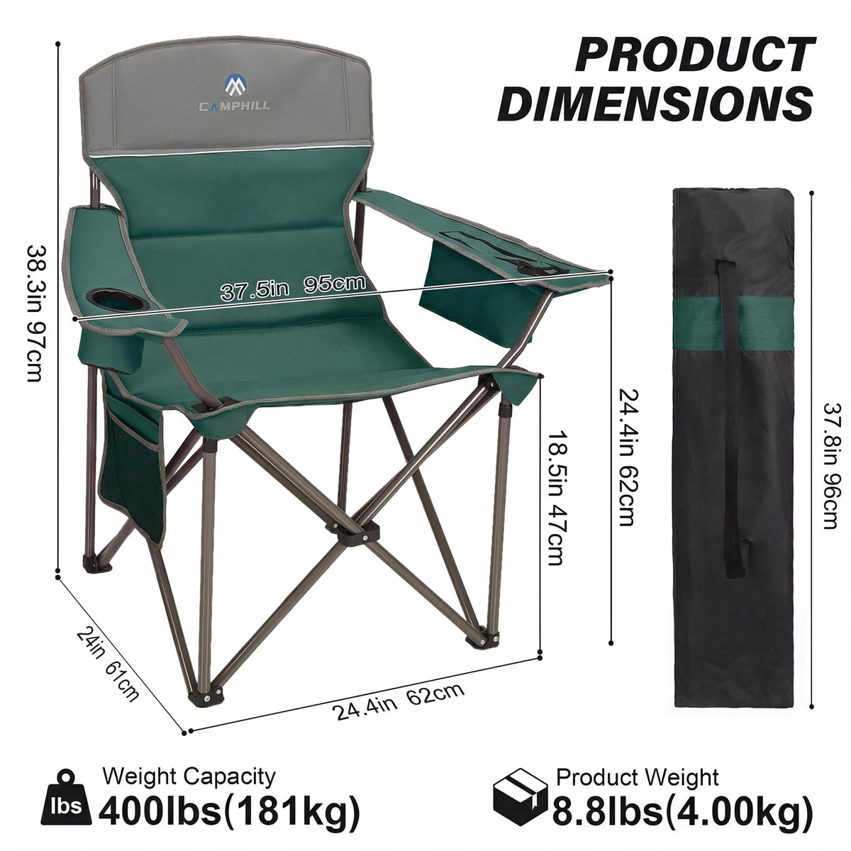 Oversized 2 Pack Heavy Duty Padded Camping Chair with Cooler Bag I5737