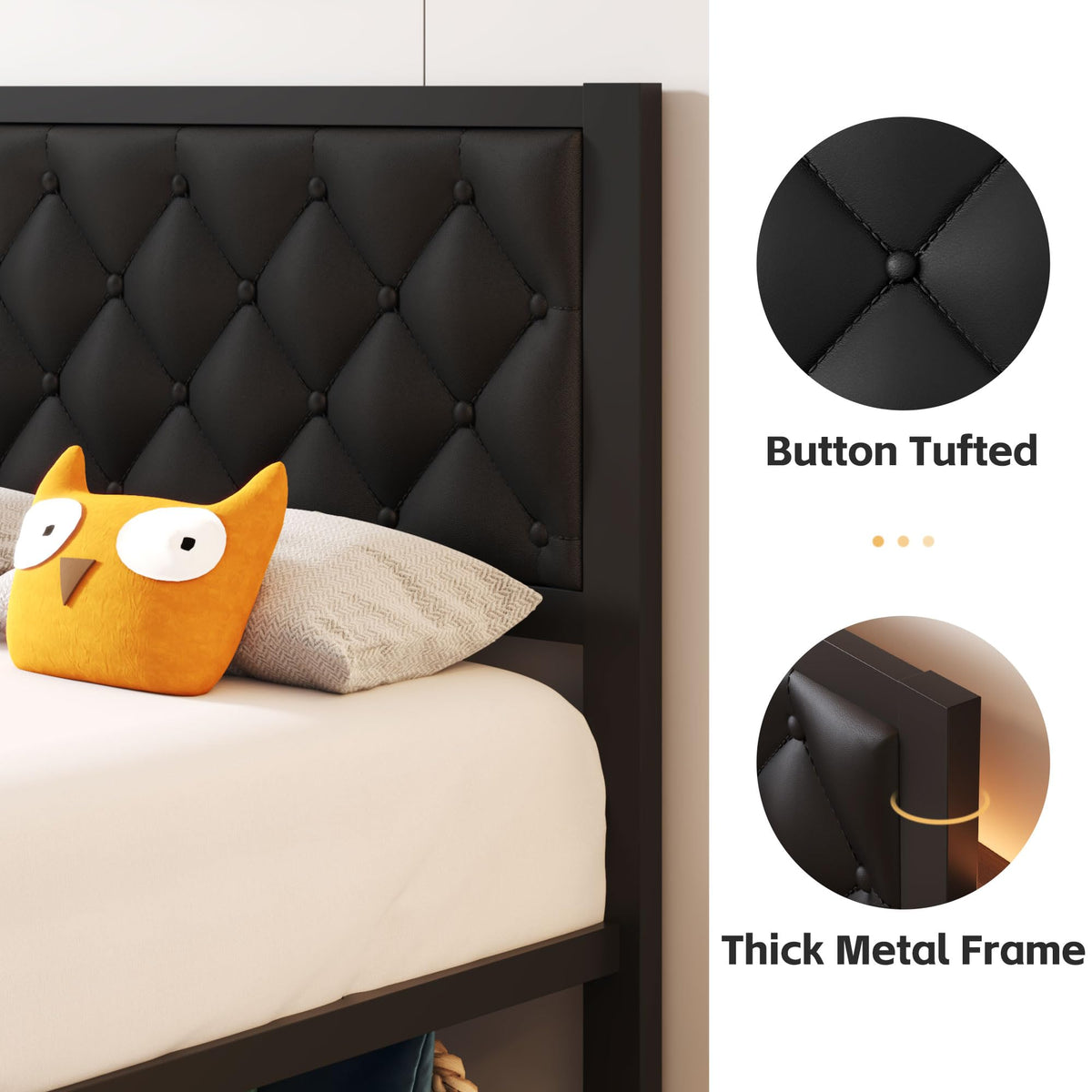 Black PU Leather Upholstered Twin Bed Frame with Headboard Q1317