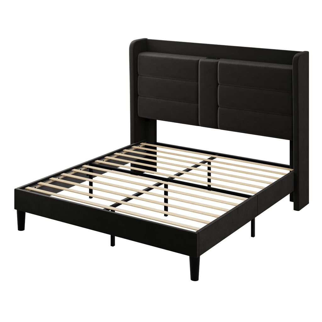 Queen Size Black Velvet Upholstered Platform Bed Frame with Storage Headboard W9954