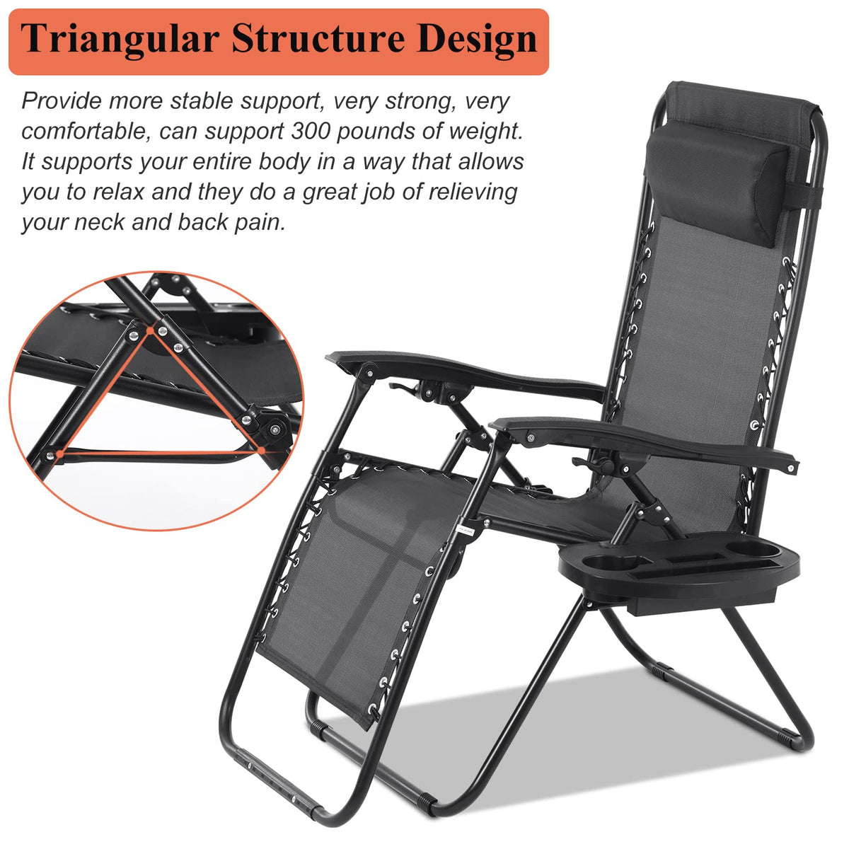 Zero Gravity Chair with Pillow and Cup Holder Trays, Black Q985