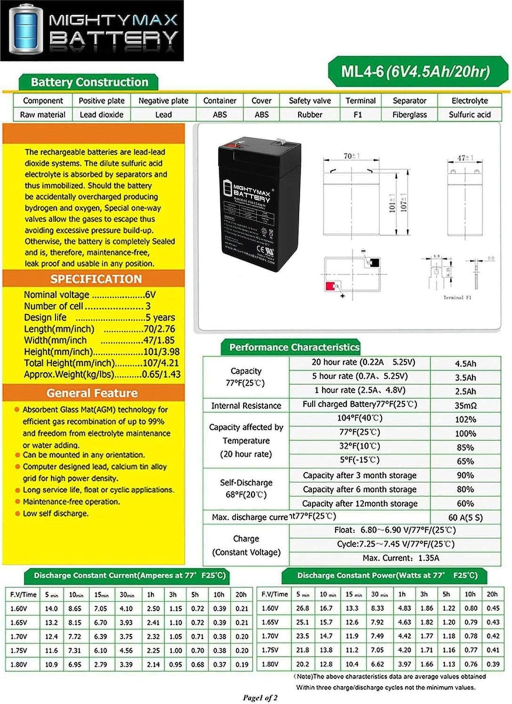 6V 4.5AH SLA Replacement Battery A4518
