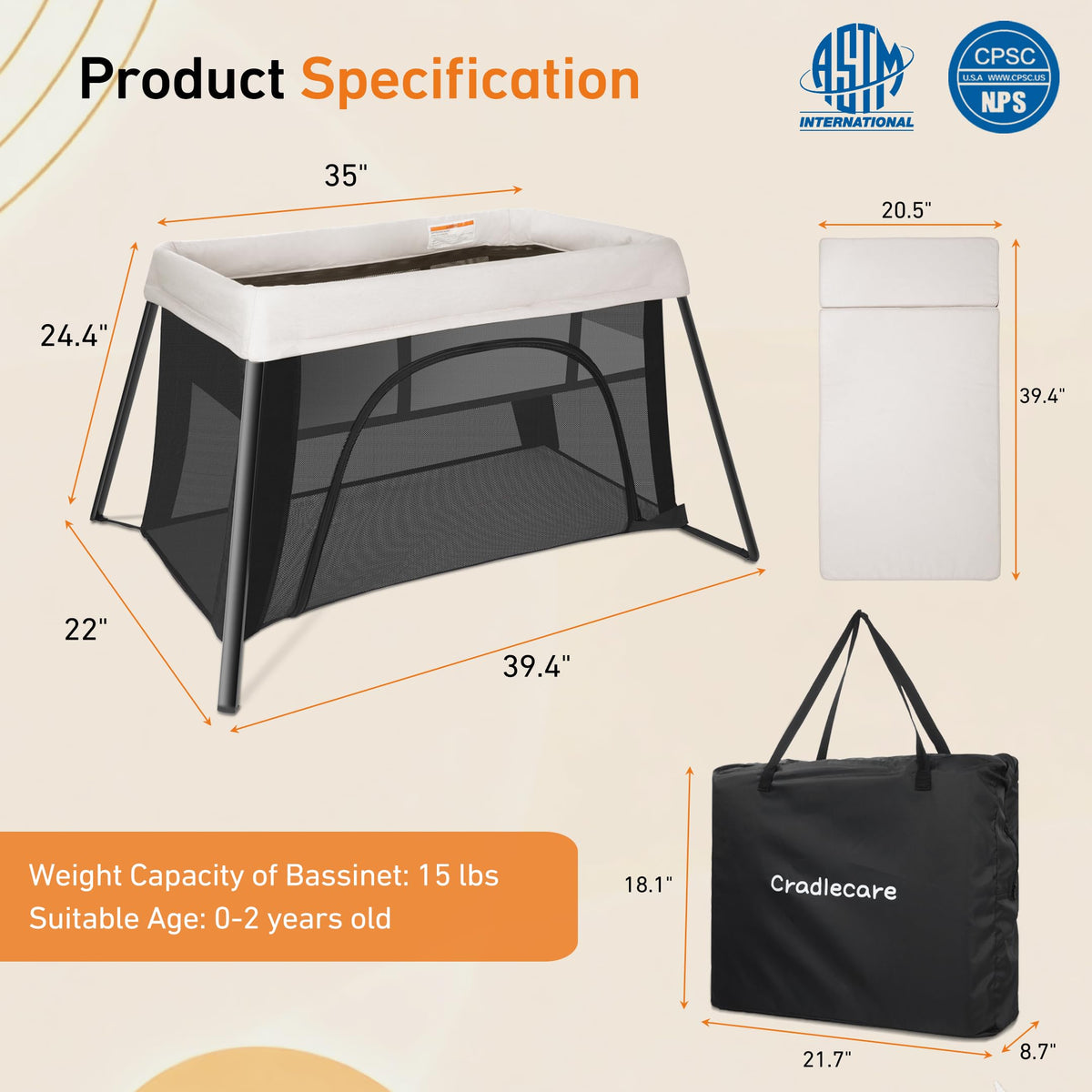 Beige Portable Travel Bassinet T3114