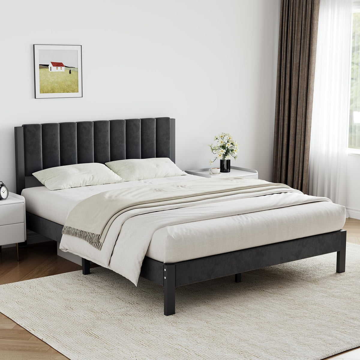Twin Size Metal Platform Bed Frame with Velvet Headboard and Footboard W223588