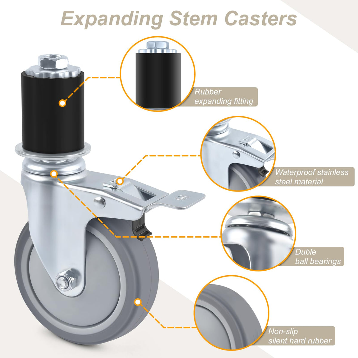 4 Inch Heavy Duty Expanding Stem Caster Wheels Set with Brake H300