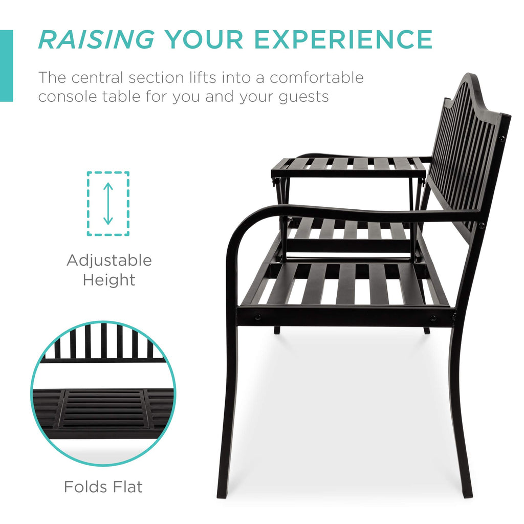 Black Steel Outdoor Garden Bench with Pullout Middle Table D761