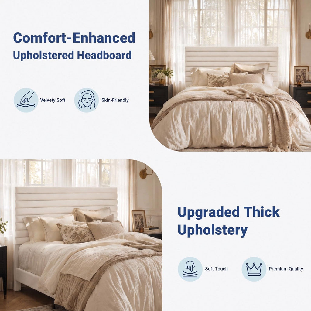 Queen Velvet Upholstered Bed Frame with Adjustable Headboard Y494424