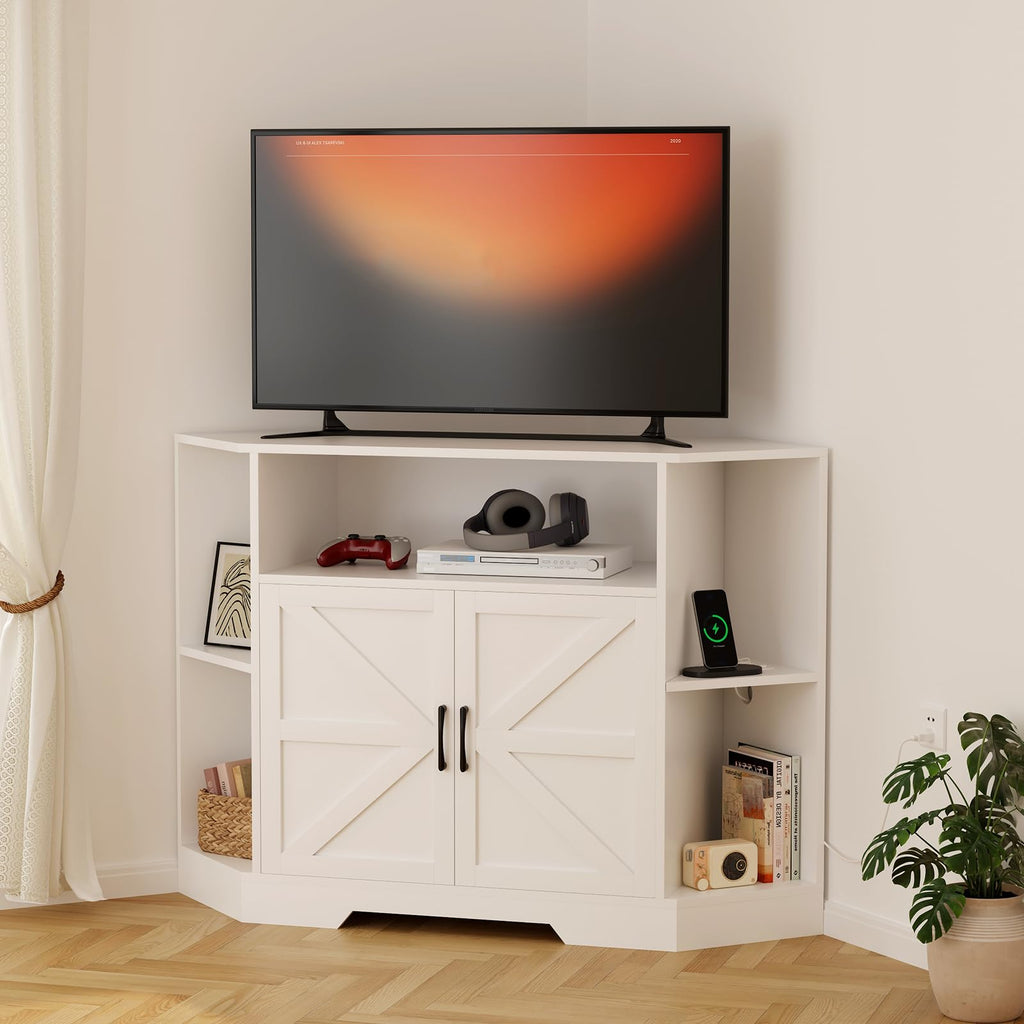 Corner TV Stand with Power Outlet & Barn Doors C998