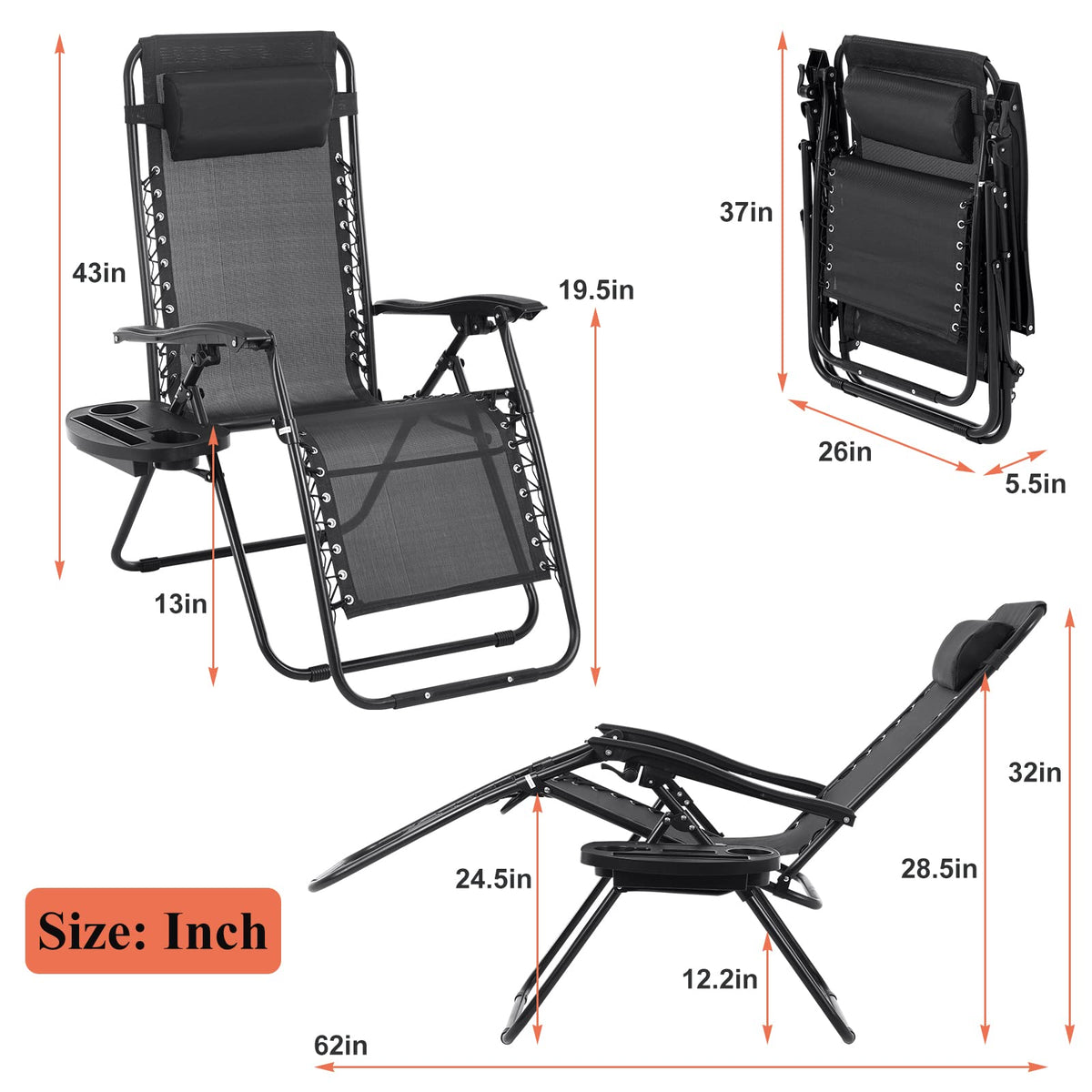 Zero Gravity Chair with Pillow and Cup Holder Trays, Black Q985