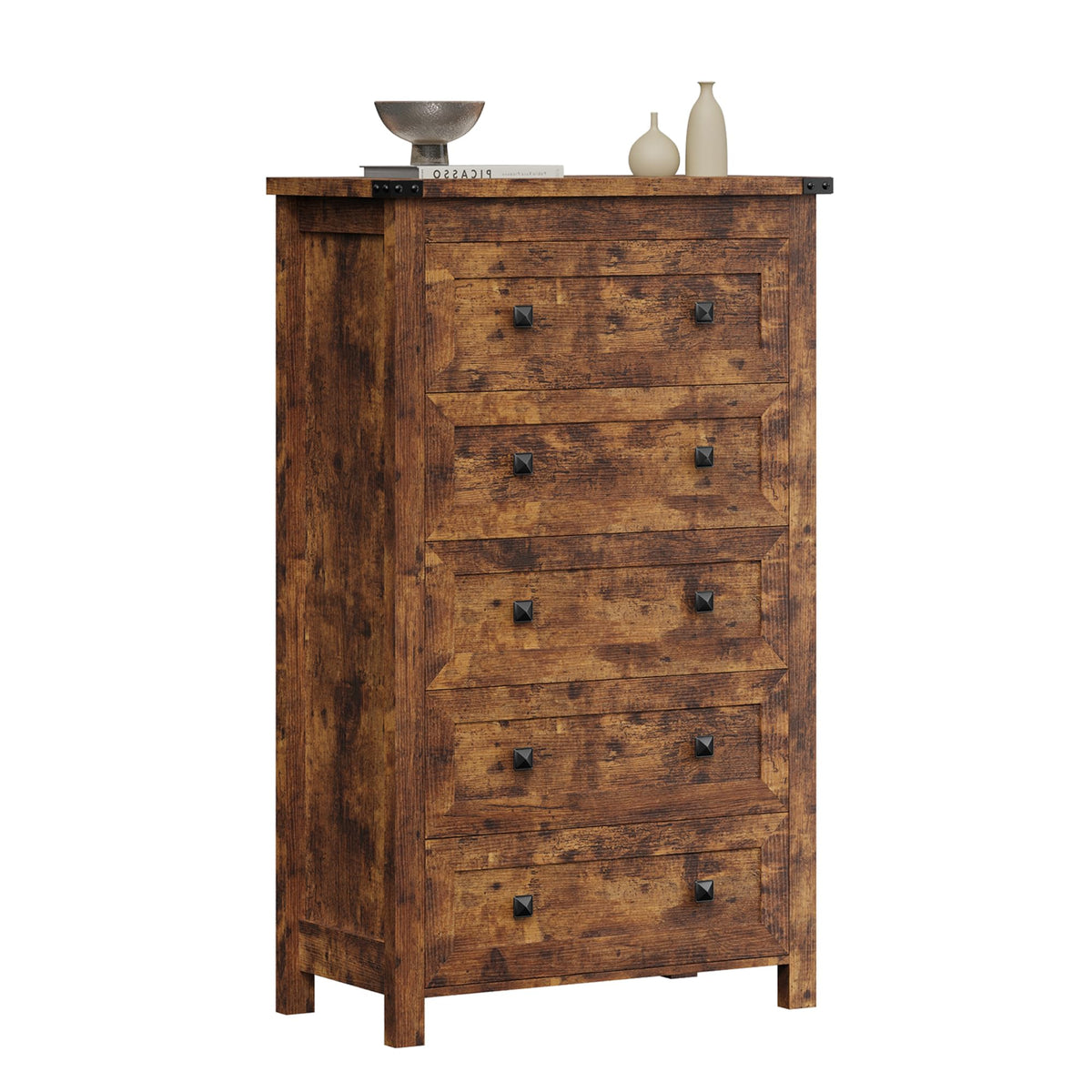 Brown Tall 5 Drawer Wood Dresser with Metal Handles H16137