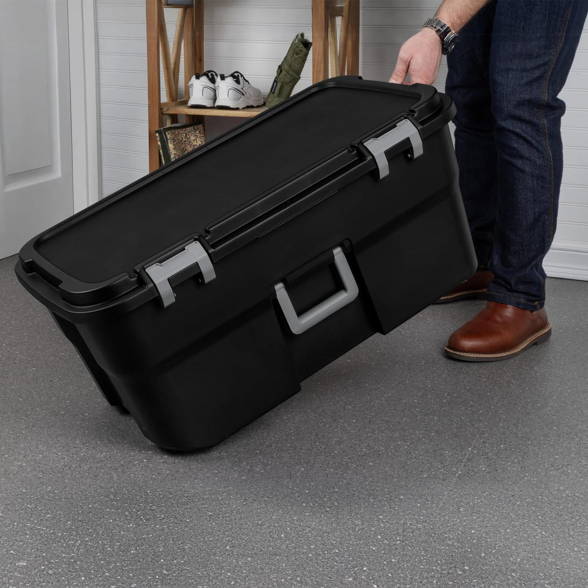 Black Plastic Storage Footlocker with Wheels K1346