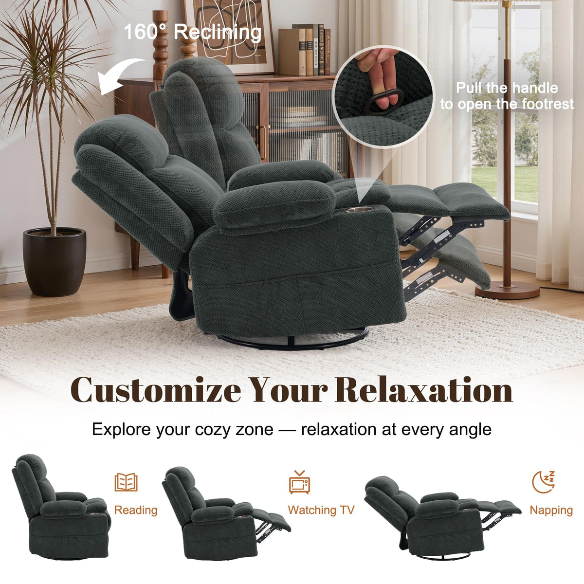 Gray Swivel Rocker Recliner with Massage & Heat V189