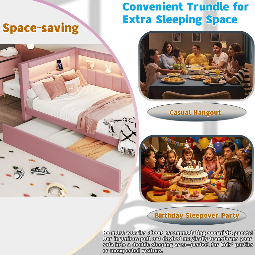 Twin Size Linen Fabric Daybed with Trundle and USB Ports W805377