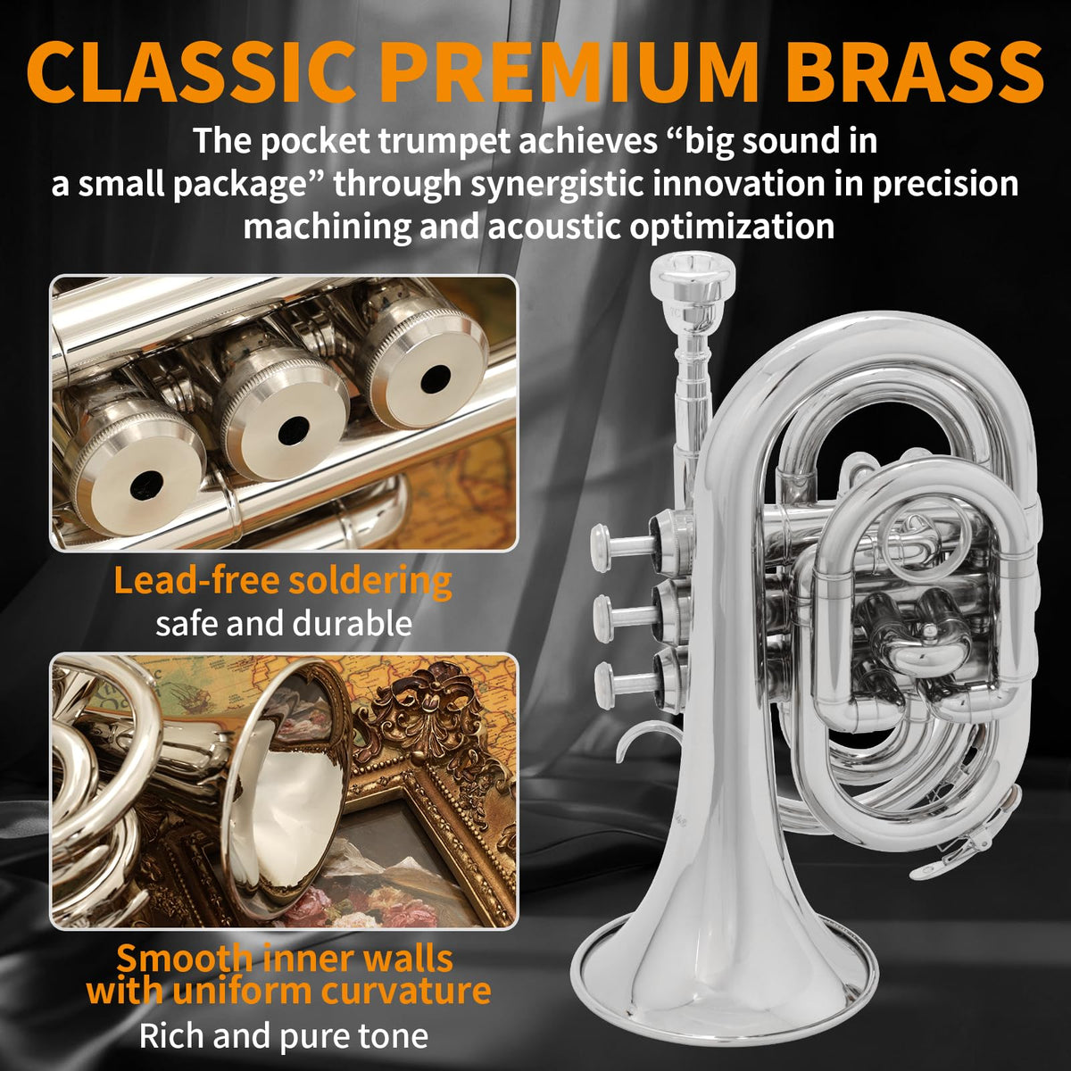 Bb Portable Pocket Trumpet with Case, 7C Mouthpiece and Cleaning Kit D284