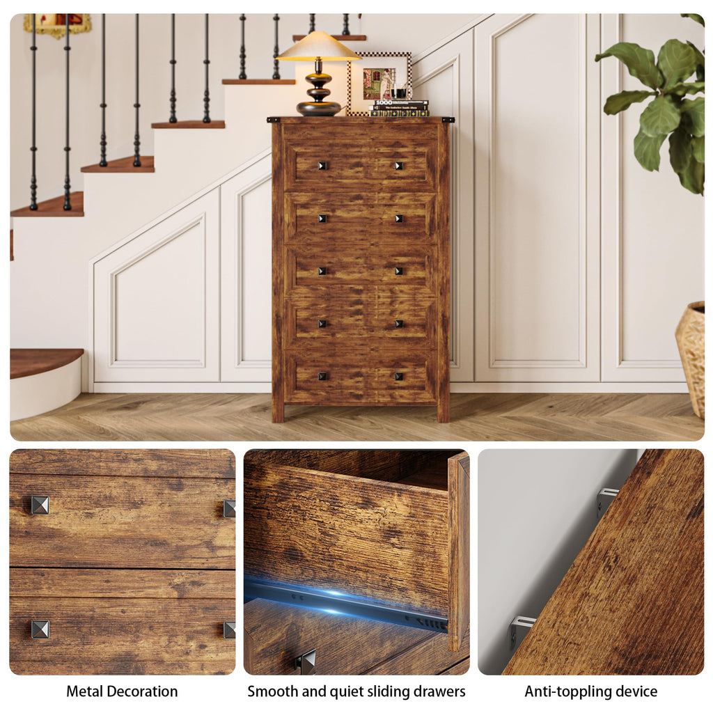 Brown Tall 5 Drawer Wood Dresser with Metal Handles H16137