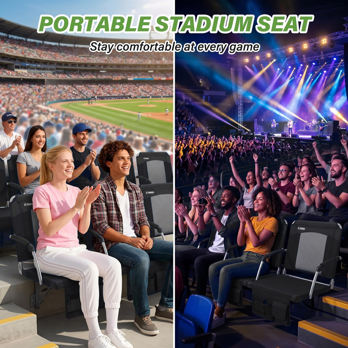 2 Pack Black Stadium Seats with Back Support & Armrests E6134