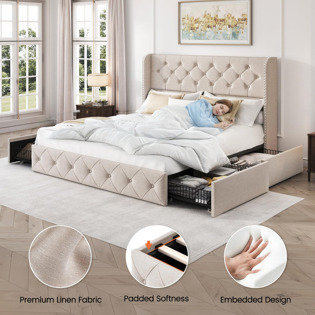 Queen Size Linen Upholstered Platform Bed Frame with 4 Storage Drawers U30467