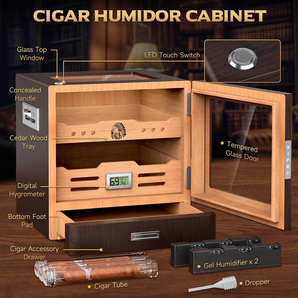 Cigar Humidor Cabinet with Digital Hygrometer and 2 Humidifiers L646372