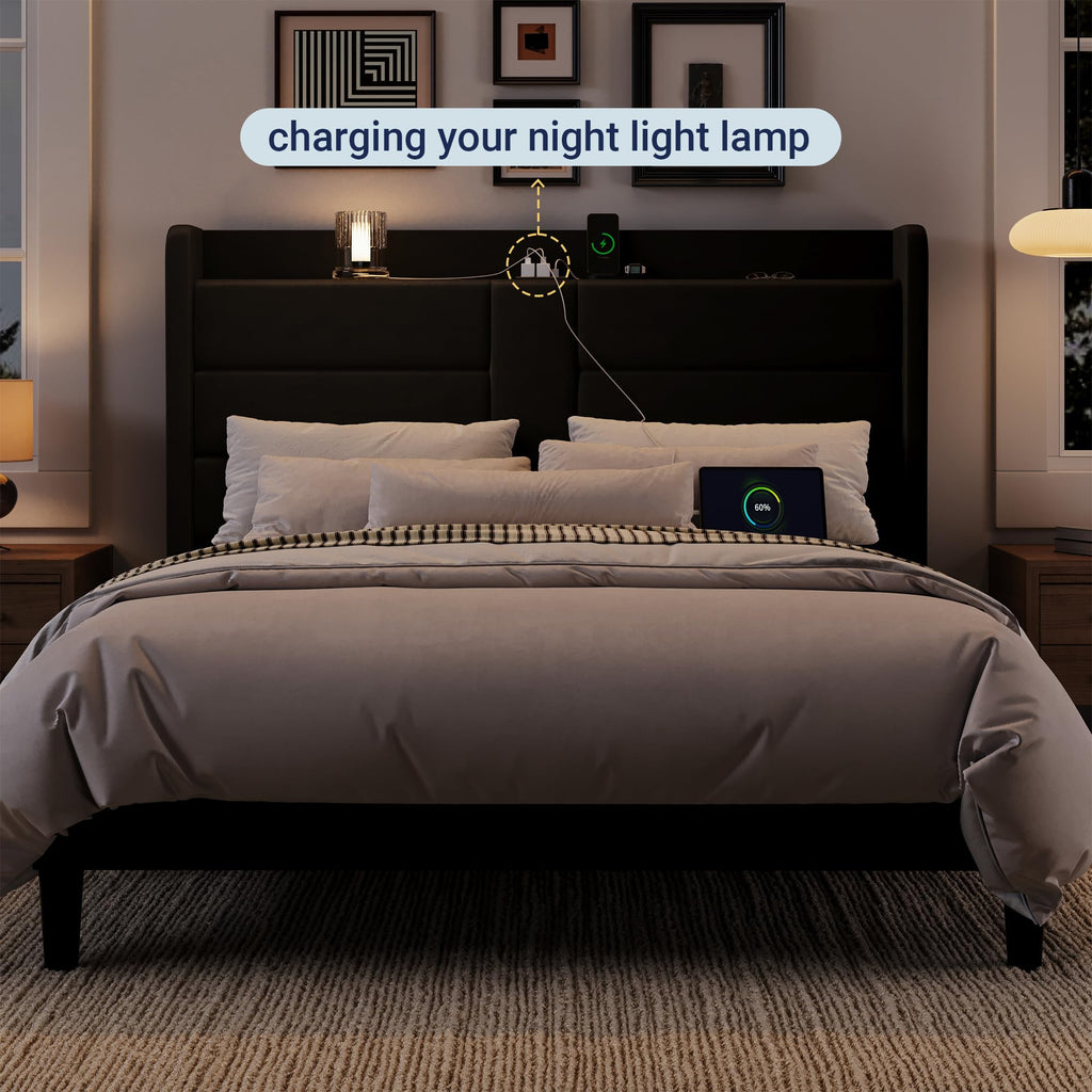 Queen Size Black Velvet Upholstered Platform Bed Frame with Storage Headboard W9954