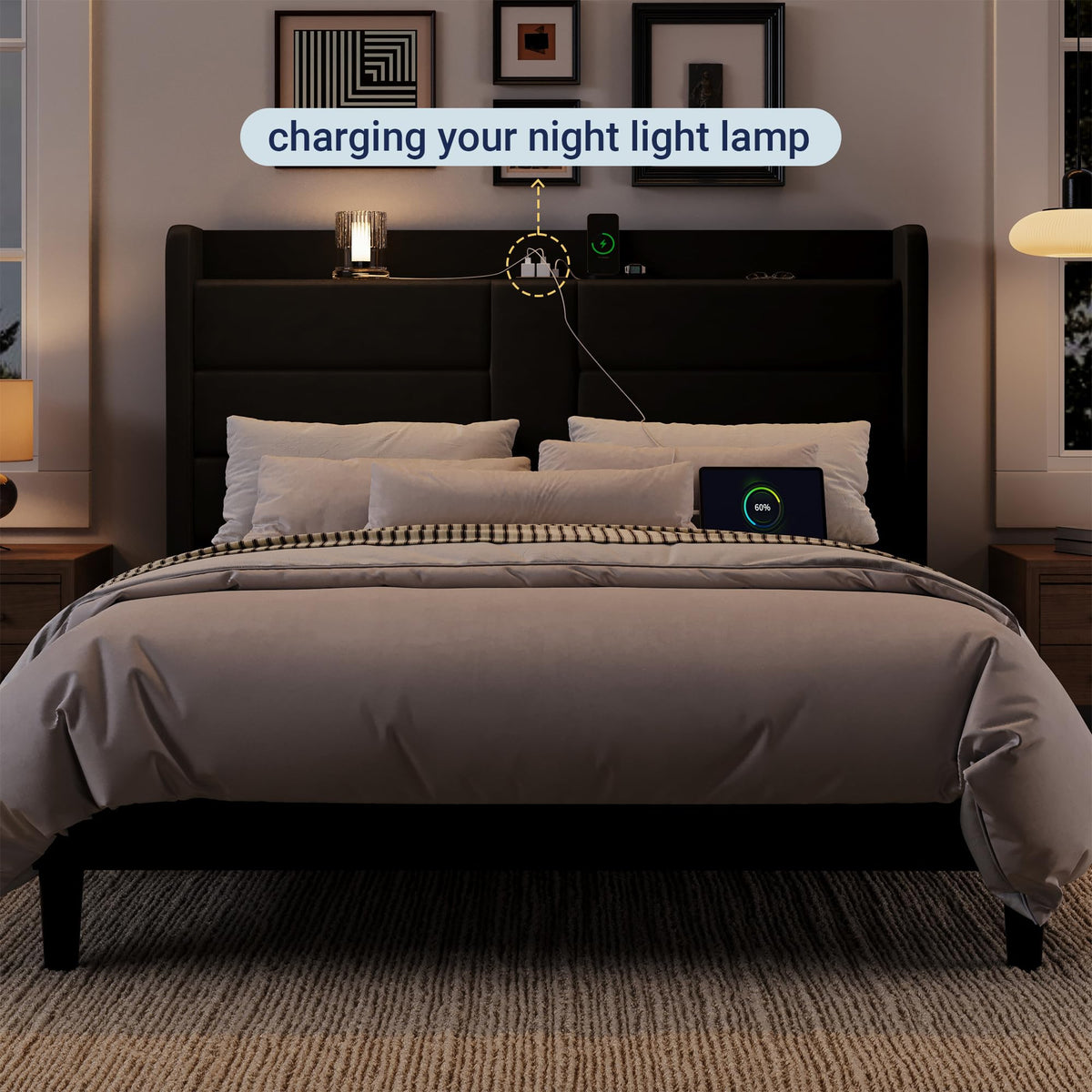Queen Size Black Velvet Upholstered Platform Bed Frame with Storage Headboard W9954