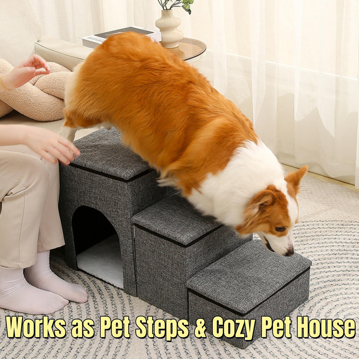 Foldable 3-Step Pet Stairs with Storage & Cat House D33977