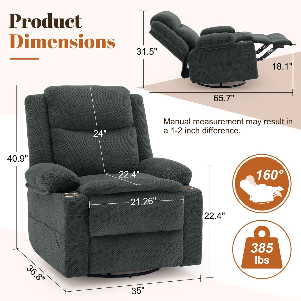 Gray Swivel Rocker Recliner with Massage & Heat V189