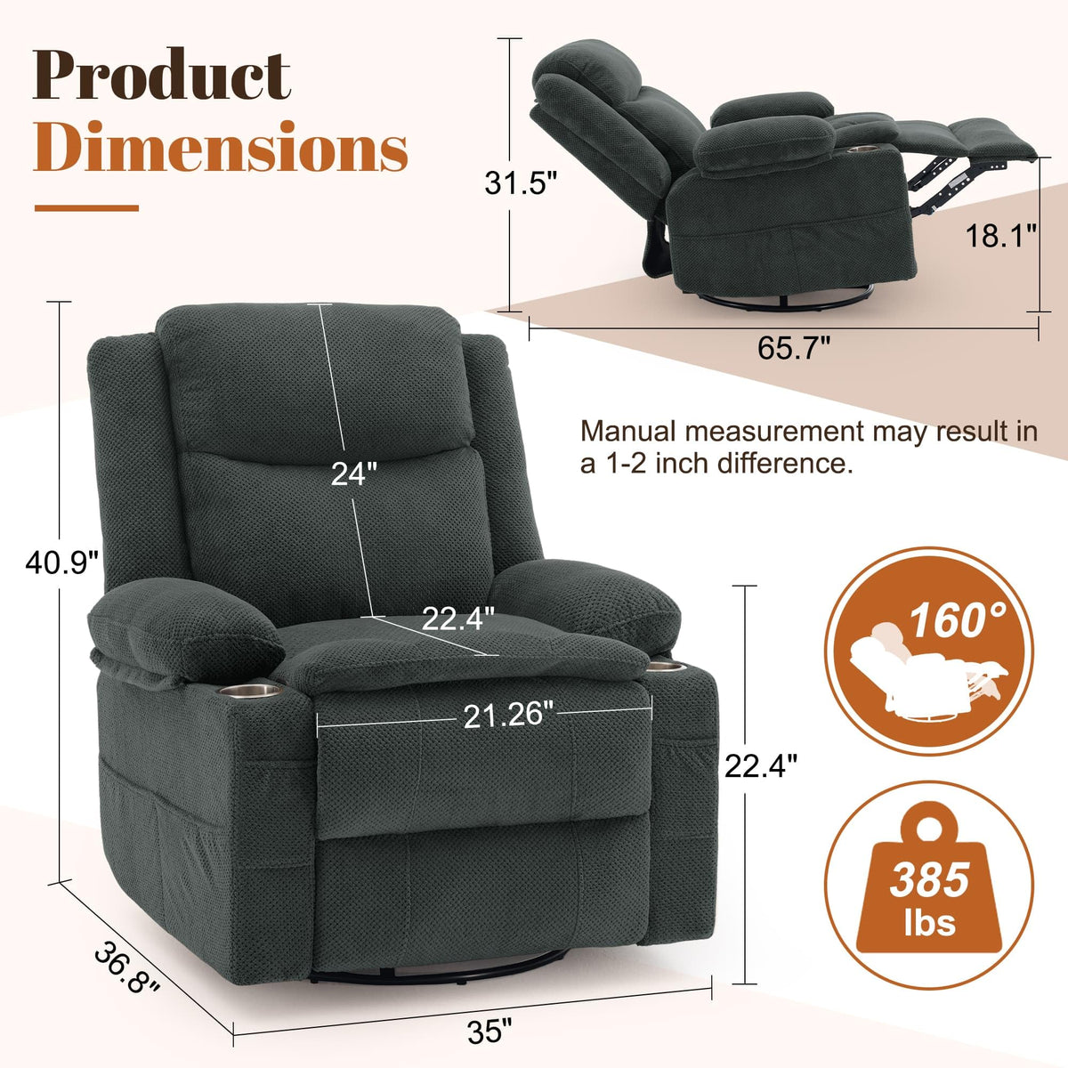 Gray Swivel Rocker Recliner with Massage & Heat V189