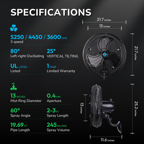 20 Inch Outdoor Wall Mount Fan with Misting Ring X374