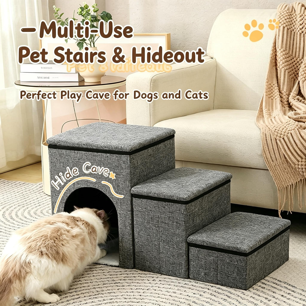 Foldable 3-Step Pet Stairs with Storage & Cat House D33977