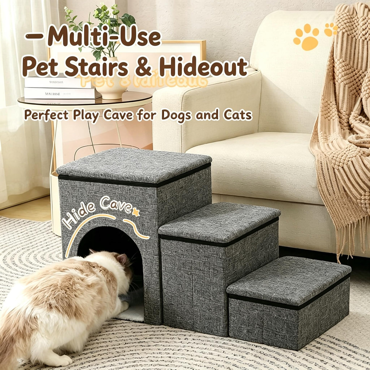 Foldable 3-Step Pet Stairs with Storage & Cat House D33977