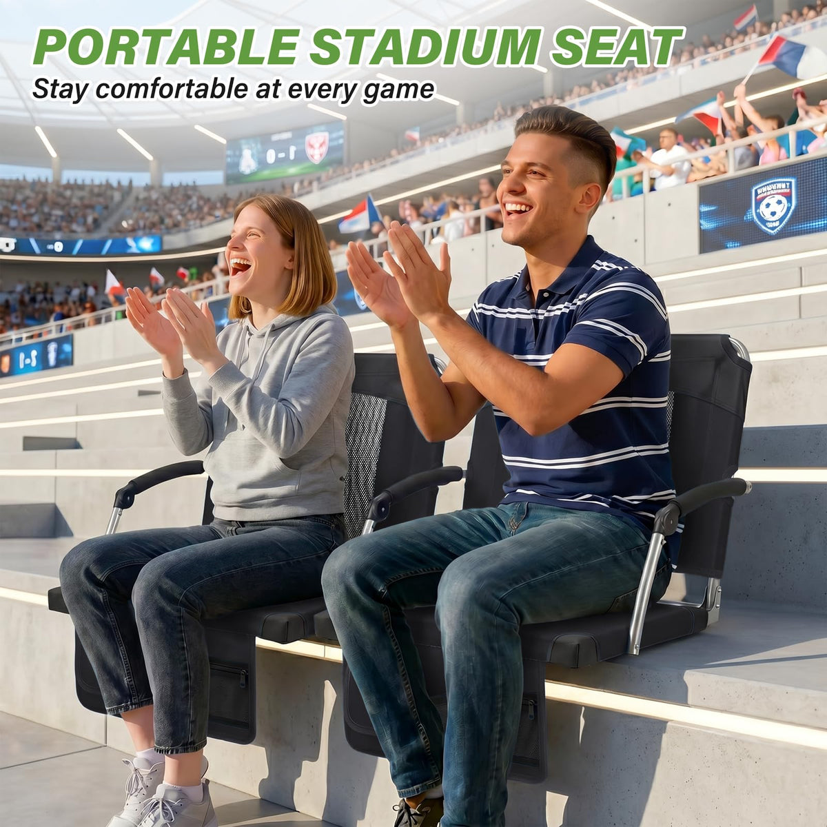 2 Pack Black Stadium Seats with Back Support & Armrests E6134