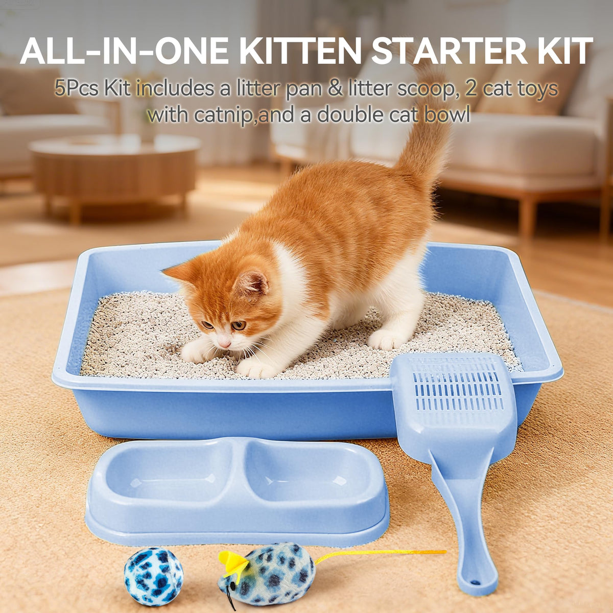 Cat Litter Box Set with Litter Scoop, Double Dish Cat Bowl, Mouse and Ball Toy C835