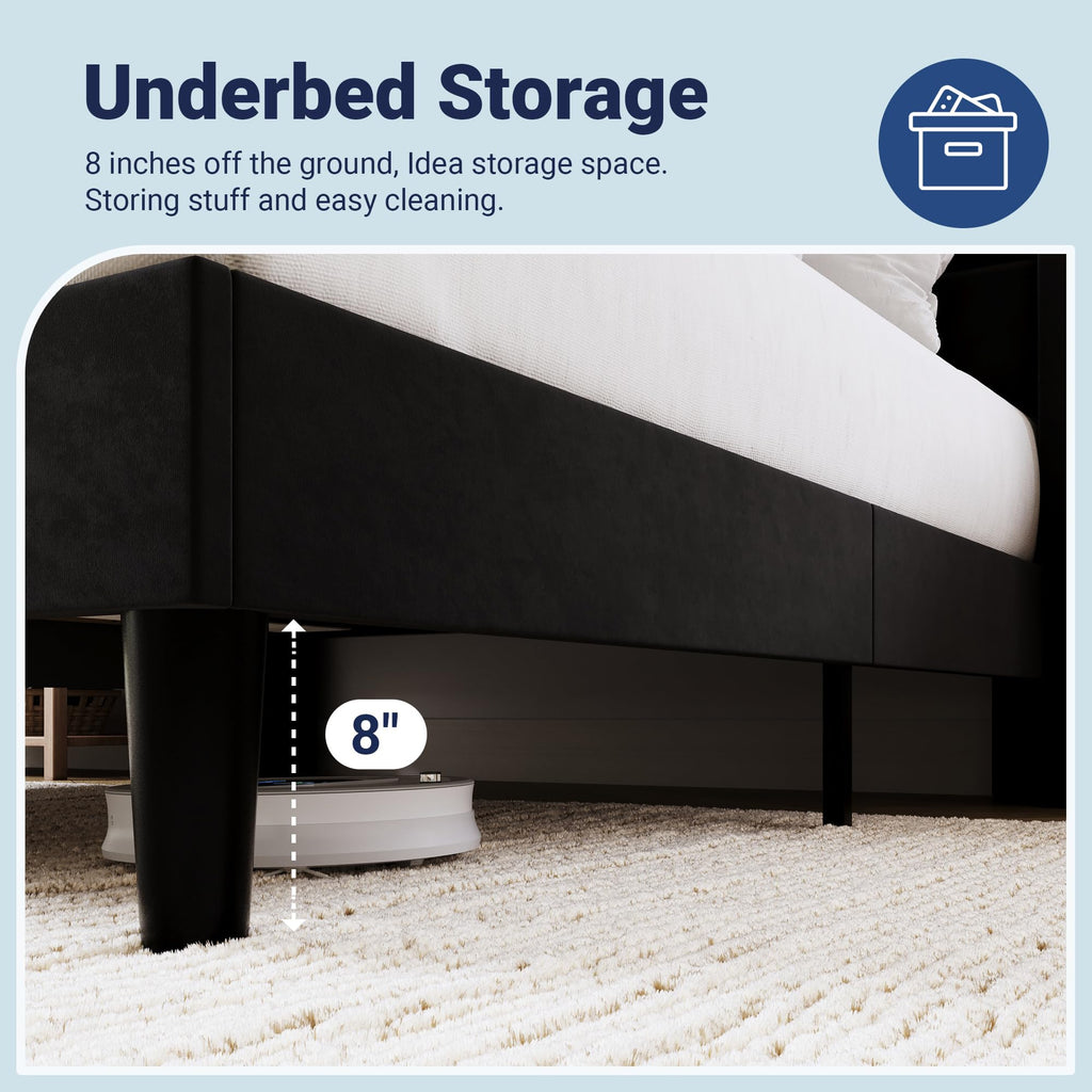 Queen Size Black Velvet Upholstered Platform Bed Frame with Storage Headboard W9954