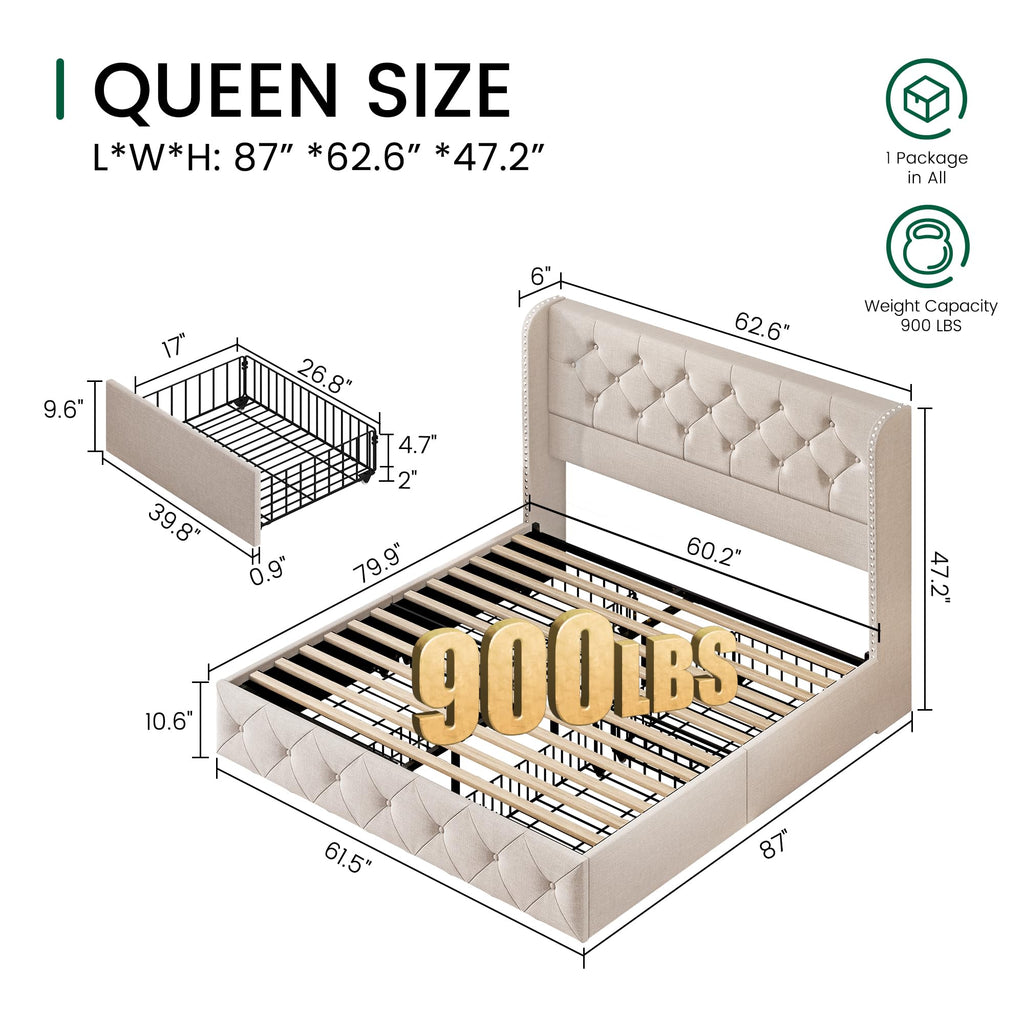 Queen Size Linen Upholstered Platform Bed Frame with 4 Storage Drawers U30467