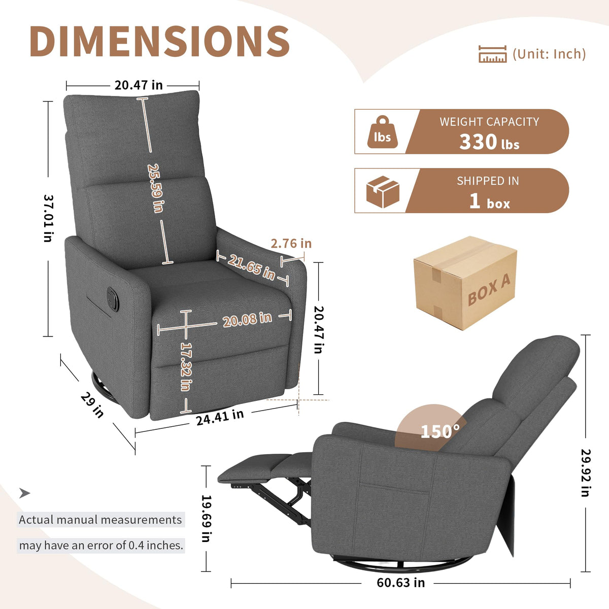 Dark Gray Swivel Rocker Recliner Chair X1826