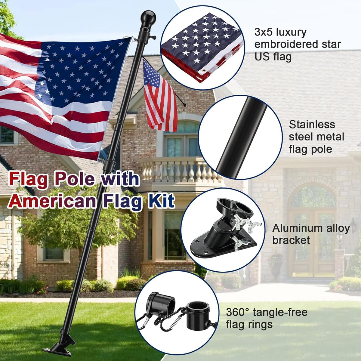 5ft Tangle Free Flag Pole Kit with 3x5 US Flag L59739