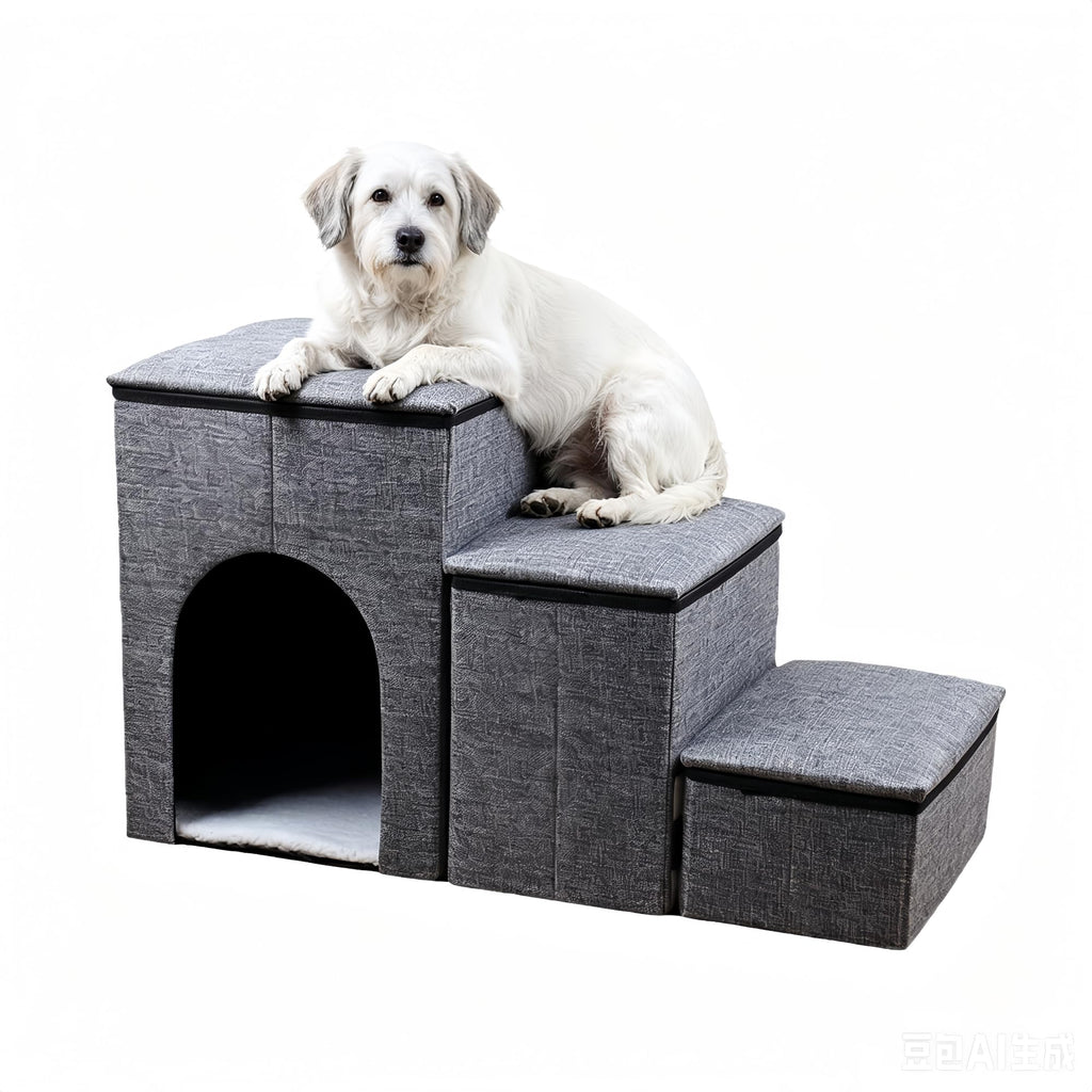 Foldable 3-Step Pet Stairs with Storage & Cat House D33977