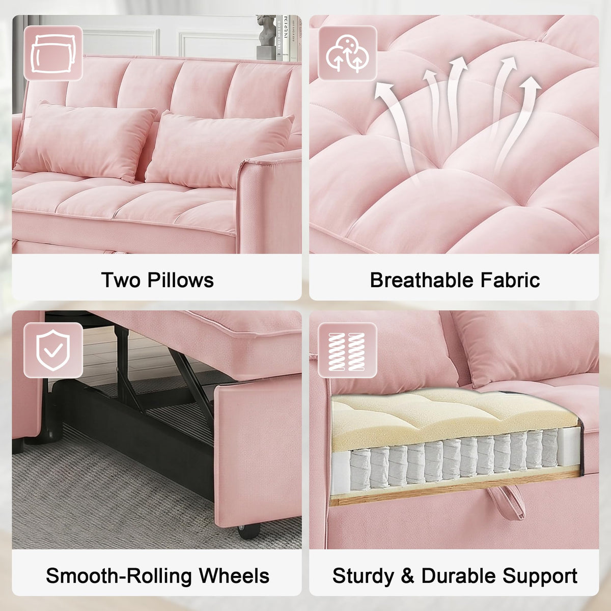 Pink Velvet 3-in-1 Sofa Bed U44801