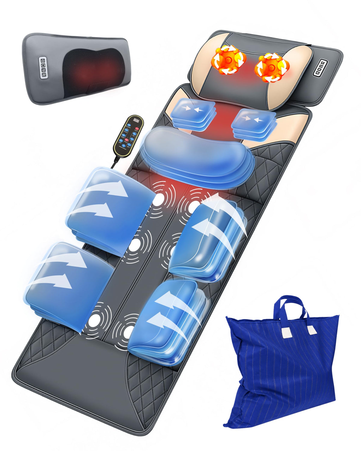 Full Body Massage Mat with Heat, Adjustable Lumbar Traction, Detachable Neck Shiatsu Roller, Airbag Compression, Vibration Massage Pad L73552