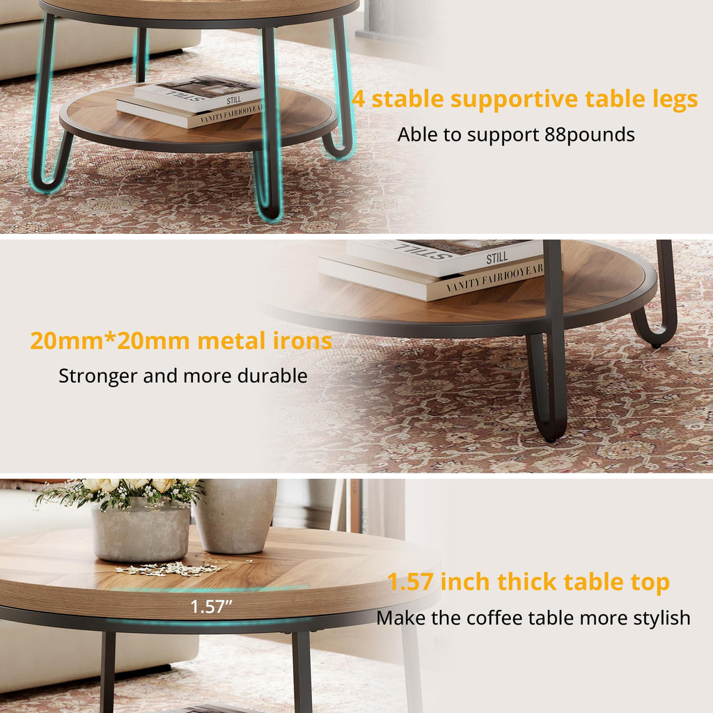 32" Round Coffee Table with 2-Tier Storage Shelf P397189