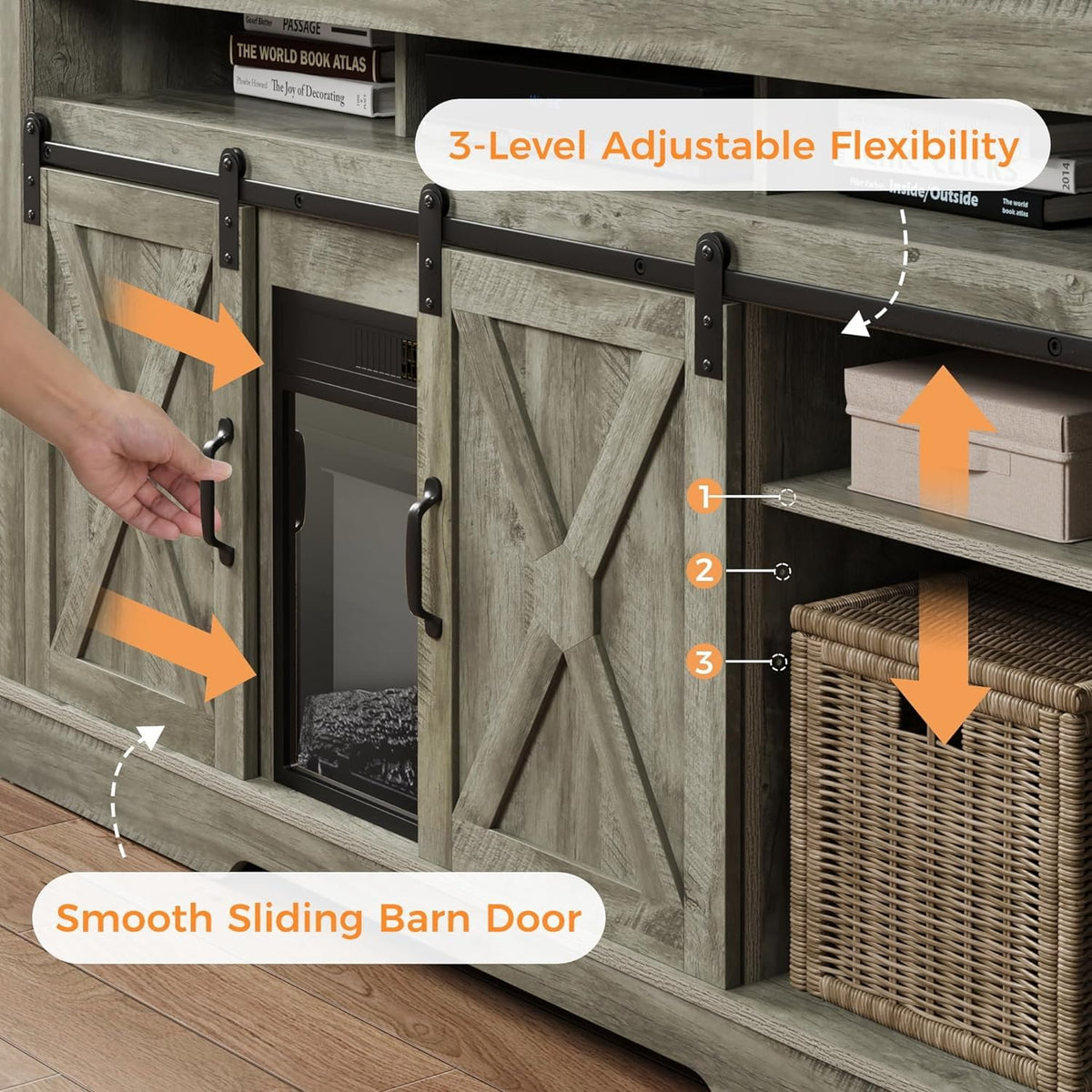 Light Grey Farmhouse TV Stand with Sliding Bar Door W5354
