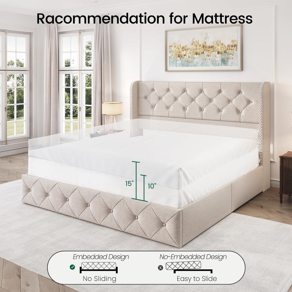 Queen Size Linen Upholstered Platform Bed Frame with 4 Storage Drawers U30467