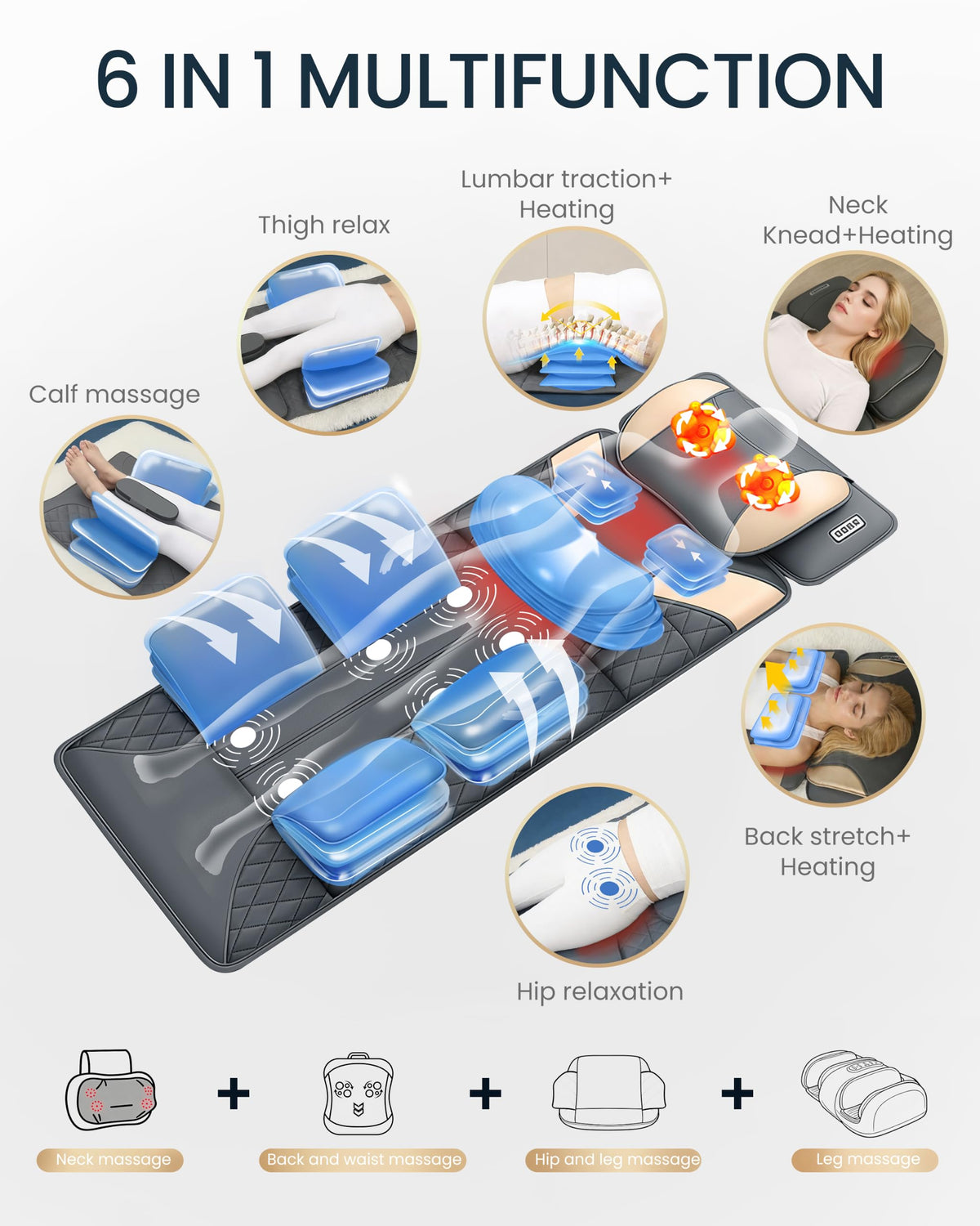 Full Body Massage Mat with Heat, Adjustable Lumbar Traction, Detachable Neck Shiatsu Roller, Airbag Compression, Vibration Massage Pad L73552