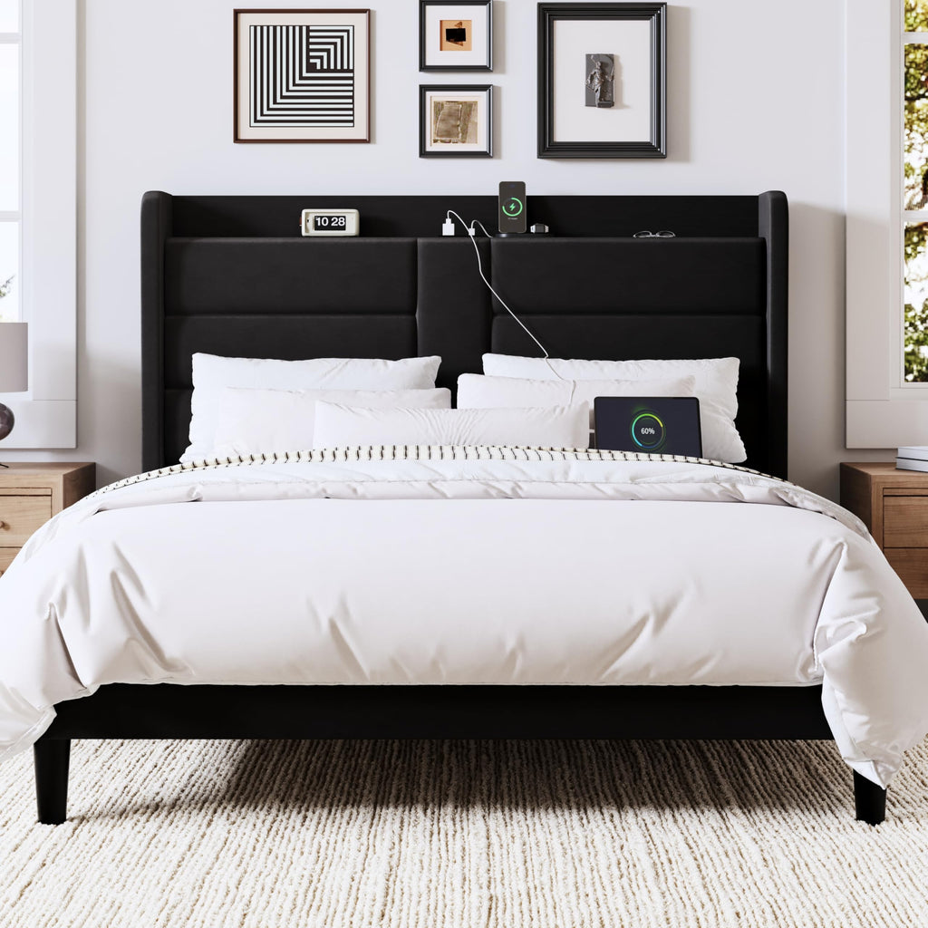 Queen Size Black Velvet Upholstered Platform Bed Frame with Storage Headboard W9954