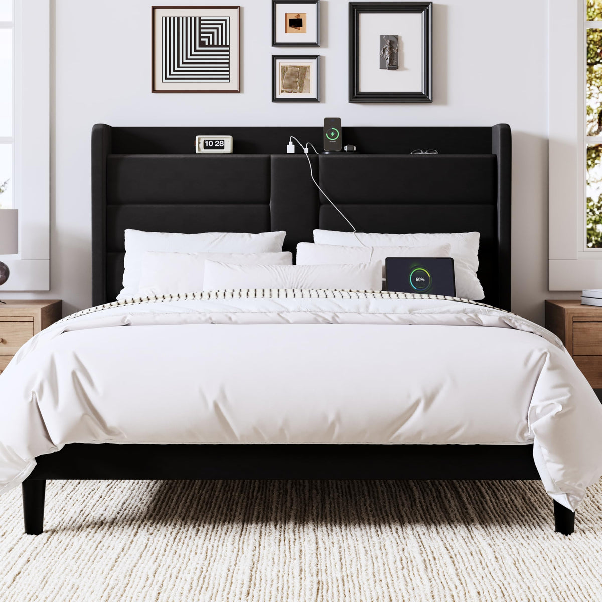 Queen Size Black Velvet Upholstered Platform Bed Frame with Storage Headboard W9954