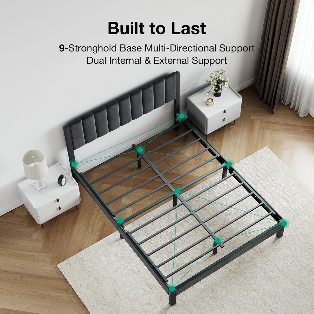 Twin Size Metal Platform Bed Frame with Velvet Headboard and Footboard W223588