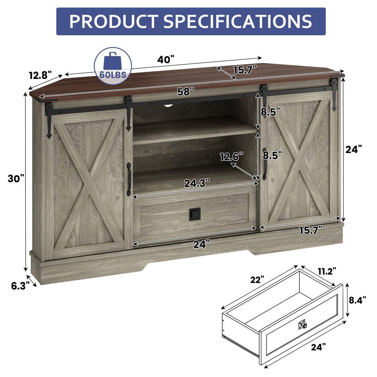 Corner TV Stand with Sliding Barn Door & Removable Shelves P767698