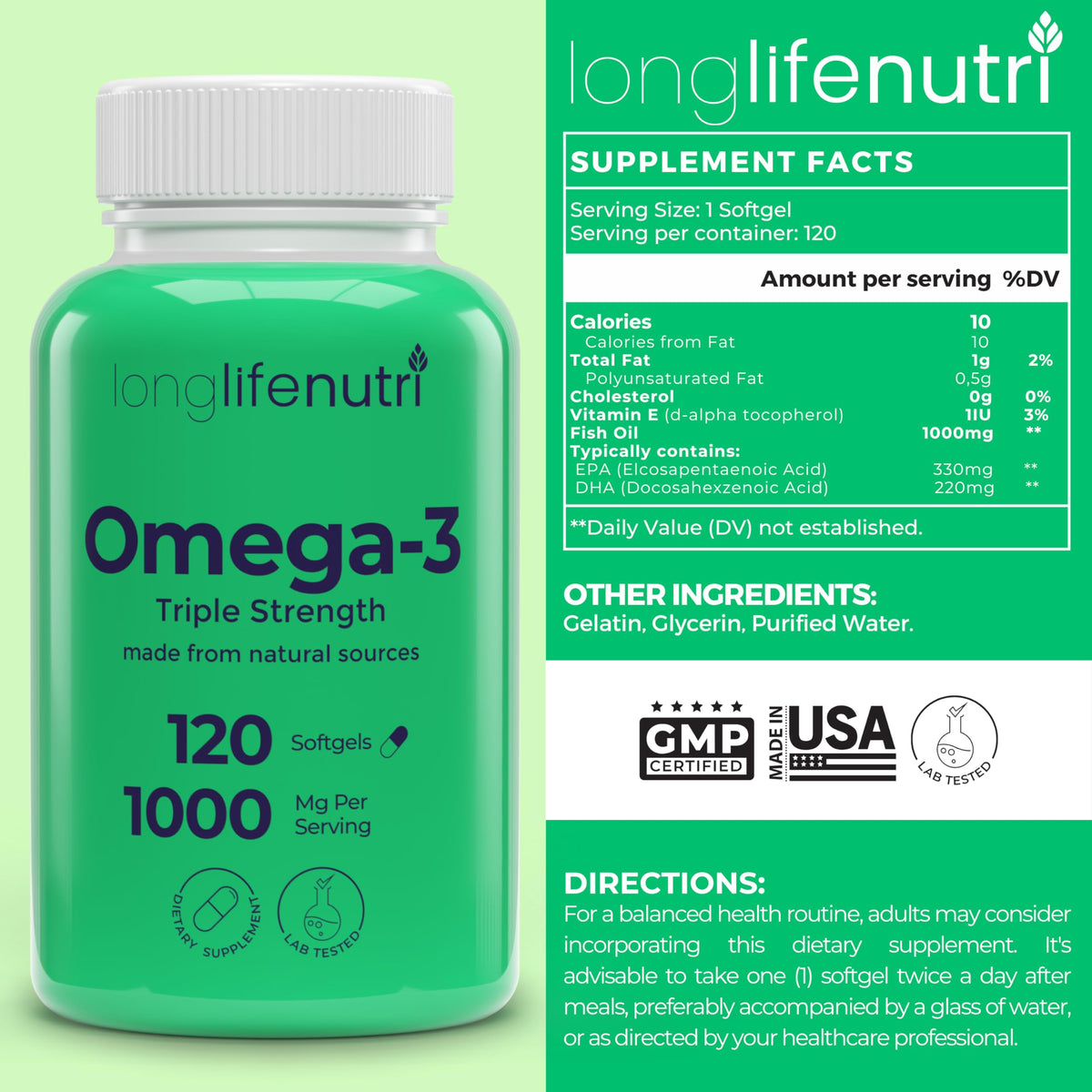 Omega 3 Fish Oil 1000mg EPA DHA 120 Softgels W30720