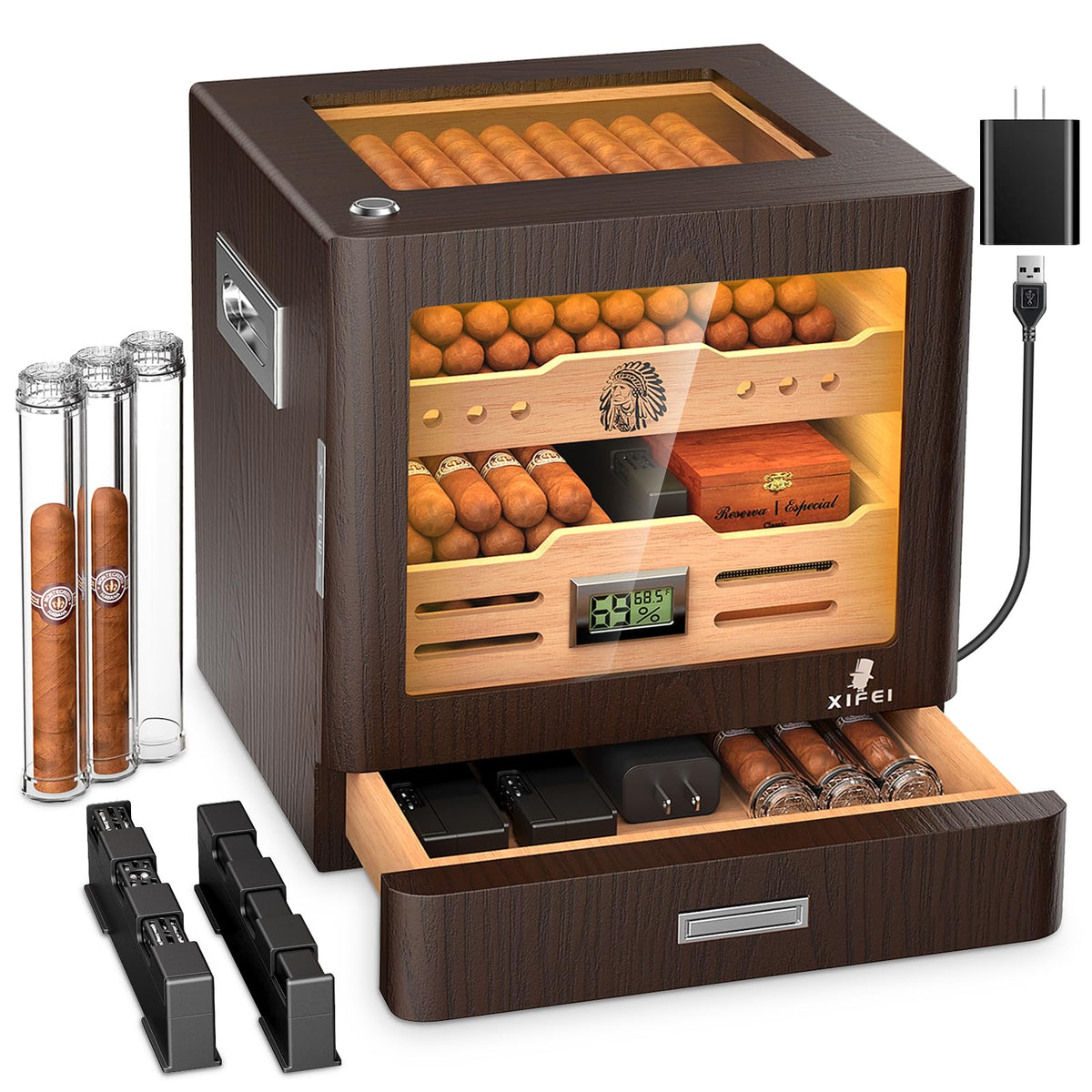 Cigar Humidor Cabinet with Digital Hygrometer and 2 Humidifiers L646372